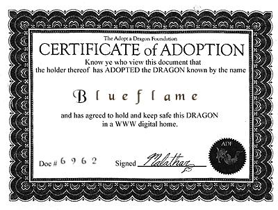 Certificato d'adozione originale di BlueFlame