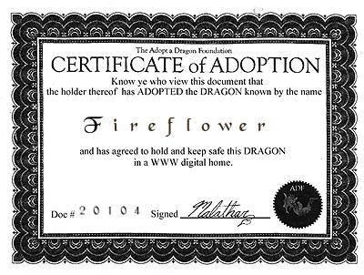 Certificato d'adozione originale di FireFlower