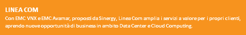 LINEA COM
Con EMC VNX e EMC Avamar, proposti da Sinergy, Linea Com amplia i servizi a valore per i propri clienti, aprendo nuove opportunità di business in ambito Data Center e Cloud Computing. 