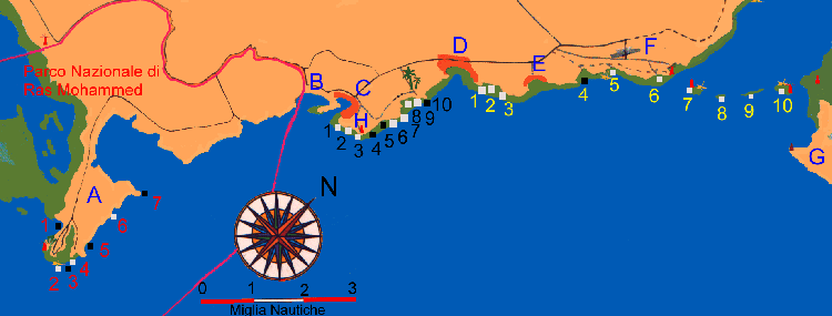 Mappa dei punti di immersione della zona di Sharm El Sheikh