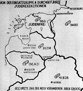 Mappa delle esecuzioni di ebrei nell'Europa orientale, redatta dalle "Truppe per la purificazione della razza" per documentare il proprio "lavoro"