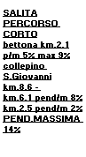 Casella di testo: SALITA
PERCORSO CORTO
bettona km.2,1
p/m 5% max 9%
collepino S.Giovanni
km.8,6 - 
km.6,1 pend/m 8%
km.2,5 pend/m 2%
PEND.MASSIMA  14%





