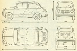 Le principali dimensioni d'ingombro della Fiat  600 