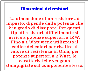 Casella di testo: Dimensioni dei resistori
La dimensione di un resistore ad impasto, dipende dalla potenza che  in grado di dissipare. Per questi tipi di resistori, difficilmente si arriva a potenze superiori a 10W. Fino a 1 Watt viene utilizzato il codice dei colori per risalire al valore di resistenza in Ohm, per potenze superiori a 2 Watt, le caratteristiche vengono stampigliate sul componente stesso. 
 
