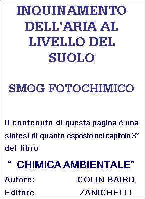 Casella di testo: INQUINAMENTO DELLARIA AL LIVELLO DEL SUOLO

SMOG FOTOCHIMICO

Il contenuto di questa pagina  una sintesi di quanto esposto nel capitolo 3 del libro
 CHIMICA AMBIENTALE
Autore:              COLIN BAIRD
Editore               ZANICHELLI

