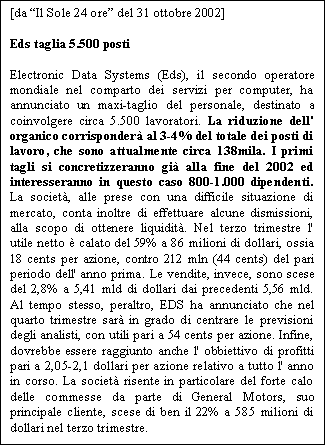 Casella di testo: [da Il Sole 24 ore del 31 ottobre 2002]

Eds taglia 5.500 posti

Electronic Data Systems (Eds), il secondo operatore mondiale nel comparto dei servizi per computer, ha annunciato un maxi-taglio del personale, destinato a coinvolgere circa 5.500 lavoratori. La riduzione dell' organico corrisponder al 3-4% del totale dei posti di lavoro, che sono attualmente circa 138mila. I primi tagli si concretizzeranno gi alla fine del 2002 ed interesseranno in questo caso 800-1.000 dipendenti. La societ, alle prese con una difficile situazione di mercato, conta inoltre di effettuare alcune dismissioni, alla scopo di ottenere liquidit. Nel terzo trimestre l' utile netto  calato del 59% a 86 milioni di dollari, ossia 18 cents per azione, contro 212 mln (44 cents) del pari periodo dell' anno prima. Le vendite, invece, sono scese del 2,8% a 5,41 mld di dollari dai precedenti 5,56 mld. Al tempo stesso, peraltro, EDS ha annunciato che nel quarto trimestre sar in grado di centrare le previsioni degli analisti, con utili pari a 54 cents per azione. Infine, dovrebbe essere raggiunto anche l' obbiettivo di profitti pari a 2,05-2,1 dollari per azione relativo a tutto l' anno in corso. La societ risente in particolare del forte calo delle commesse da parte di General Motors, suo principale cliente, scese di ben il 22% a 585 milioni di dollari nel terzo trimestre.
