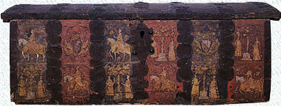 Cassone Nuziale in legno di pioppo, arte toscana (1340-1360); scene raffiguranti la fontana d'amore e la caccia al falcone