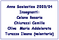 Casella di testo: Anno Scolastico 2003/04
Insegnanti:
Celano Rosaria
Chiurazzi Camilla
Oliva  Maria Addolorata
Turazzo Ileana (volontaria)
